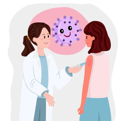 Fototapeta premium Female doctor injecting vaccine into a woman upper arm with virus icon background. HPV vaccination, virus protection, and healthcare flat vector.