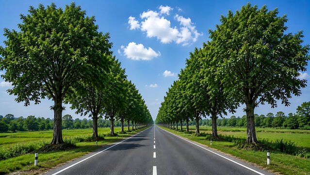 Scenic Roadway Lined With Tall Green Trees Under Clear Sky