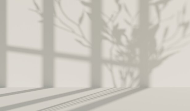 Soft neutral background with dappled window light shadows and a gentle branch silhouette, creating a serene and calm atmosphere, ideal for product display or tranquil concepts