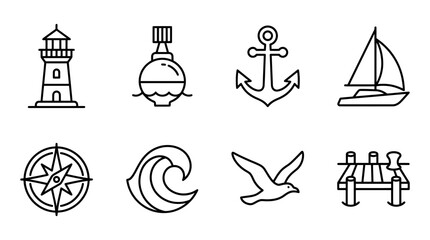 Fototapeta premium Nautical icons illustrate a collection of maritime symbols designed for clean graphic projects.