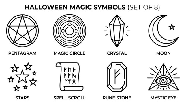 Halloween magic symbols illustrate occult iconography including pentagrams and mystical eye designs.