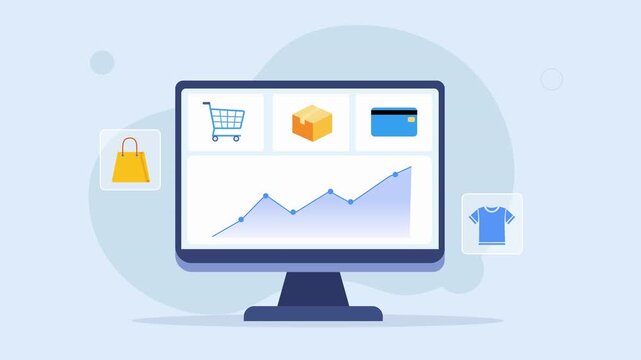 Flat vector animated desktop monitor displaying ecommerce dashboard with sales analytics, shopping cart, payment card, package tracking, and workflow interface. Ideal for retail, business, and technol