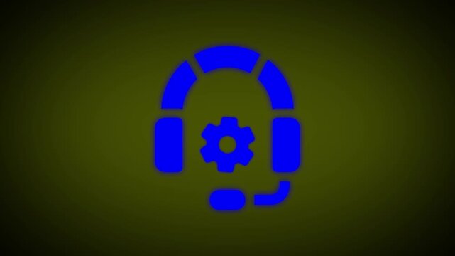 Animated blue headset with gear symbol pulsing in center isolated on dark olive green background motion clip.