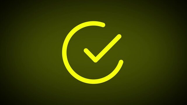 Minimalist checkmark animation showing yellow tick icon forming in circular border on dark green backdrop.