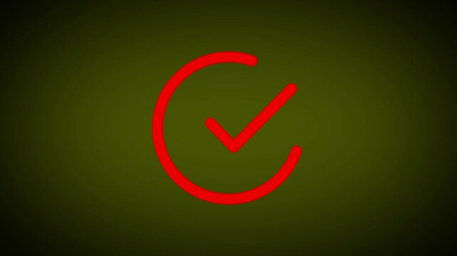 Red check mark inside circle animation loading symbol or progress indicator on dark green background.