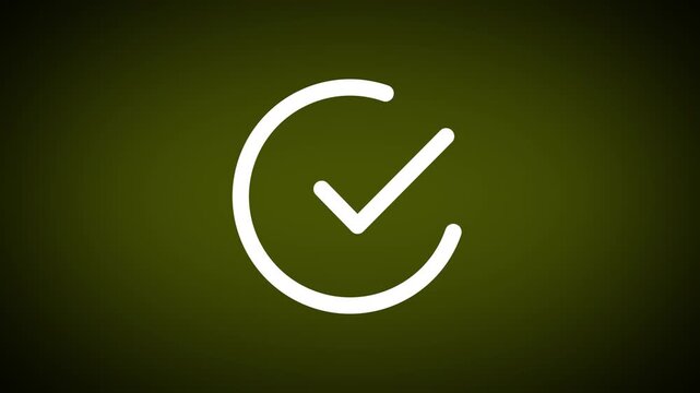 Minimalist graphic animation showing checkmark sign emerging inside circle on dark olive green background.