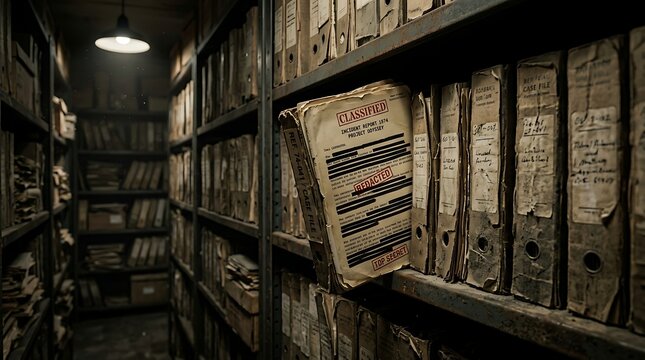 Censored classified report in a dusty archive storage shelf