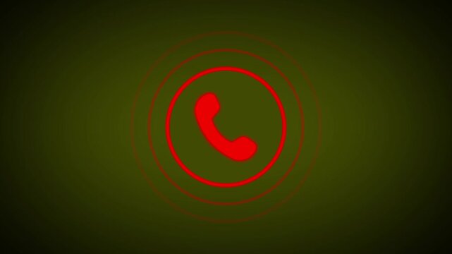 Incoming call alert animation featuring red telephone icon with vibrating rings on dark olive background.