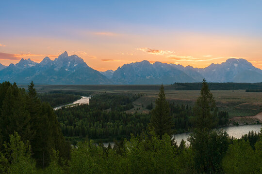 View of Grand Teton Range from Snake River Overlook at summer sunset. Grand Teton National Park. Wyoming