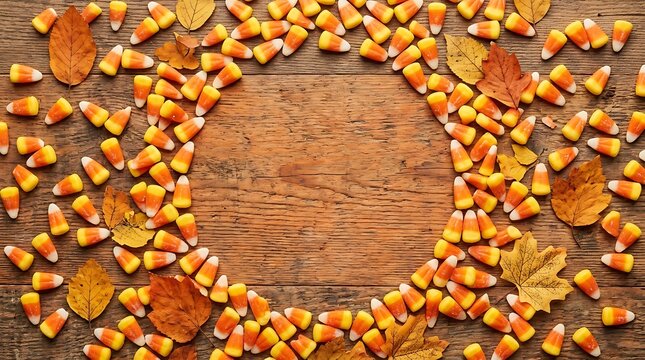 Fall Harvest Frame Featuring Festive Candy Cones and Dried Autumn Leaves Arranged on a Rustic Weathered Brown Wooden Background