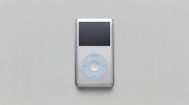 Classic silver MP3 player with coiled white earphones on light gray background flat lay style