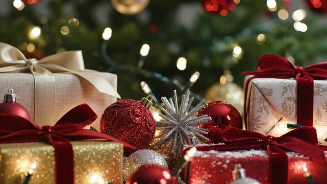 Festive Christmas gift boxes and ornaments with bokeh lights