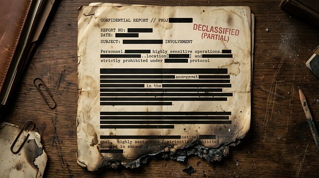 Declassified confidential report with redacted text on aged paper