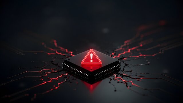Computer processor with glowing red cracked lines and warning triangle. Concept of malware infection, hardware failure, and cyber security threat.
