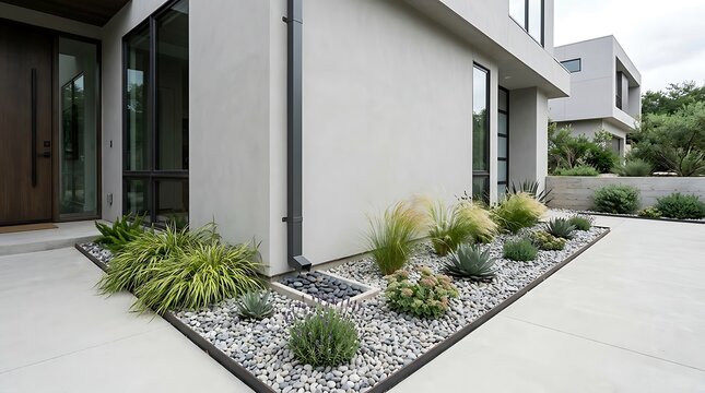 Modern house exterior with small green plants and pebble landscaping in a quiet suburban neighborhood. downspout garden