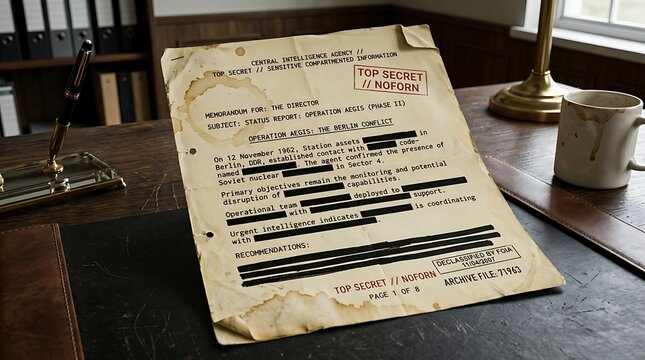Secret intelligence memorandum with redacted text on aged paper