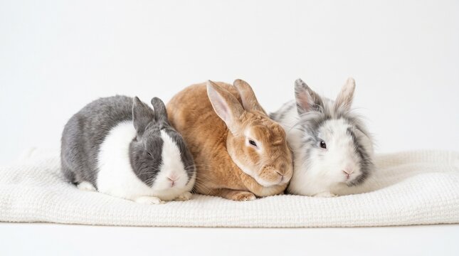 Three adorable domestic rabbits of different breeds and colors sit together on a soft white knitted blanket against a clean white background.