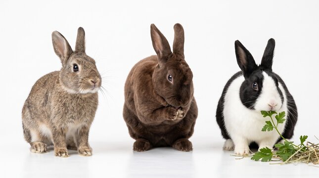 Three adorable rabbits of different colors and breeds sit together on a clean white background, with one munching on fresh green parsley.