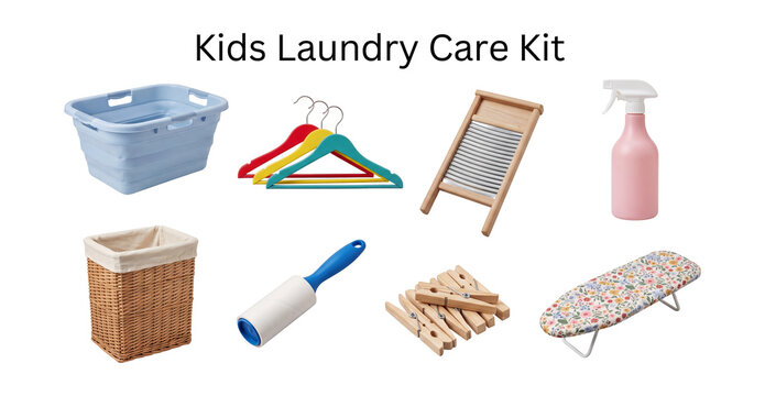 Kids laundry care kit with mini clothes hangers basket and wooden washboard elements isolated on transparent