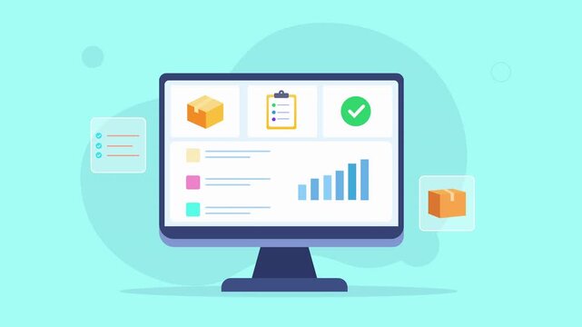 Flat vector animated desktop monitor displaying an inventory management dashboard with package tracking, checklist, analytics, and workflow interface. Ideal for logistics, business, and technology mot