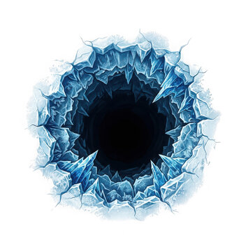 Abstract illustration of a dark, deep hole in a cracked ice surface isolated on transparent background