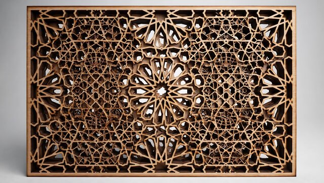 Intricate laser cut wooden panel with complex geometric star patterns and layered 3D architectural latticework design