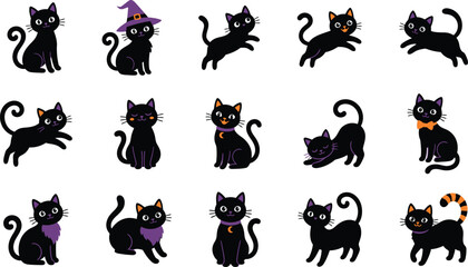 Obraz premium Black cats in playful Halloween vector poses isolated on transparent background, isolated on white background, Vector