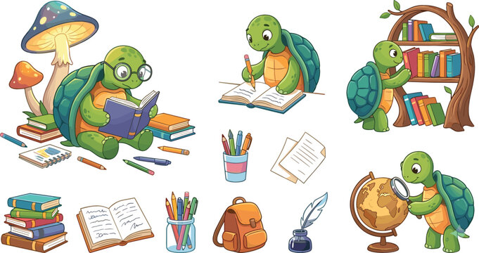 Cute Cartoon Turtle Student Character Clipart Set with Bookshelf Writing Homework and Studying Globe for Kids Back to School Designs