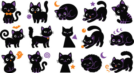 Obraz premium Black cats in playful Halloween vector illustrations isolated on transparent background, isolated on white background, Vector
