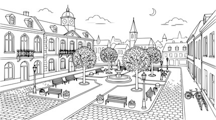 Fototapeta premium European Old Town Square Line Art with Fountain and Benches Illustration