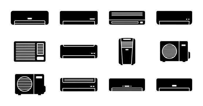 Set of 12 Black Air Conditioner Icons, HVAC System Vector Graphics, Climate Control Equipment Collection for Web and Print Design