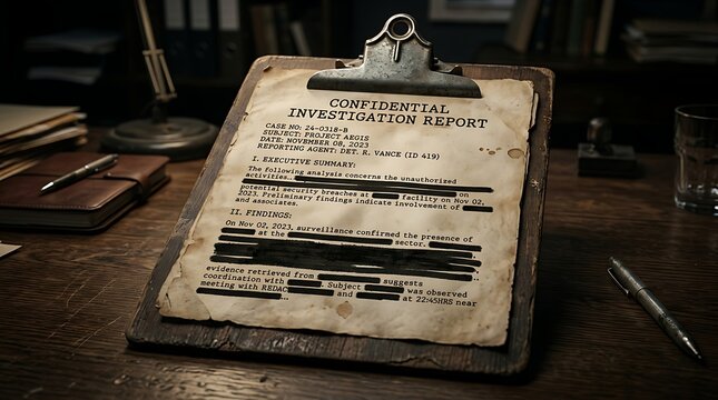 Confidential investigation report with redacted text on a wooden clipboard
