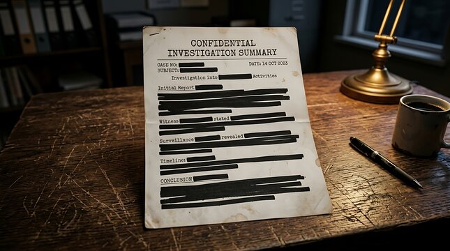 Confidential investigation summary document with blacked out redacted text