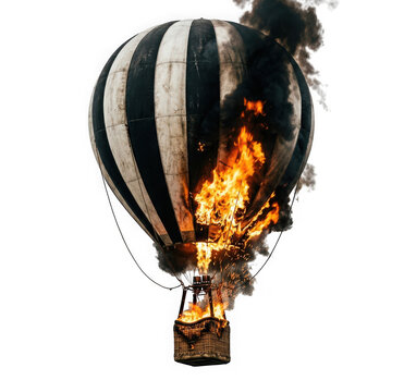 Hot air balloon on fire in midair isolated on transparent background