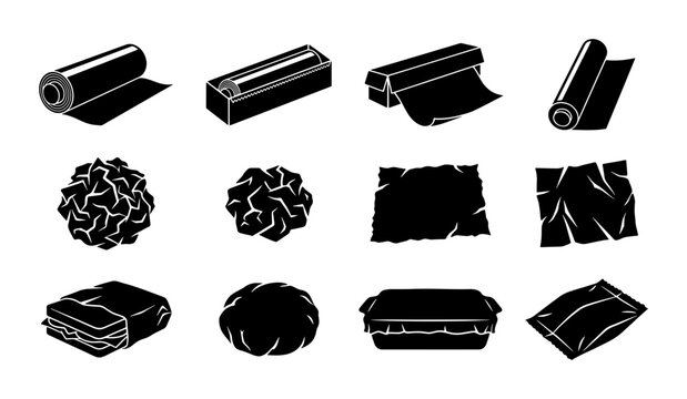 Plastic Wrap and Food Packaging Icons: Cling Film Rolls, Containers, and Crinkled Sheets Vector Set