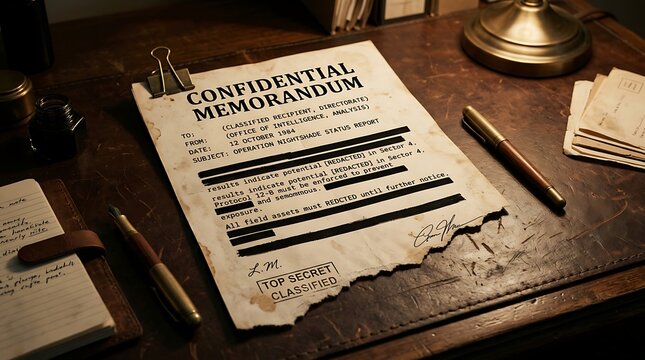 Confidential memorandum with redacted text on a dark wooden desk