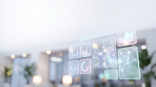 Futuristic glassmorphism HUD dashboard floating in a bright modern office, displaying business data analytics, neural network graphs, and financial charts, concept for AI technology, digital transform