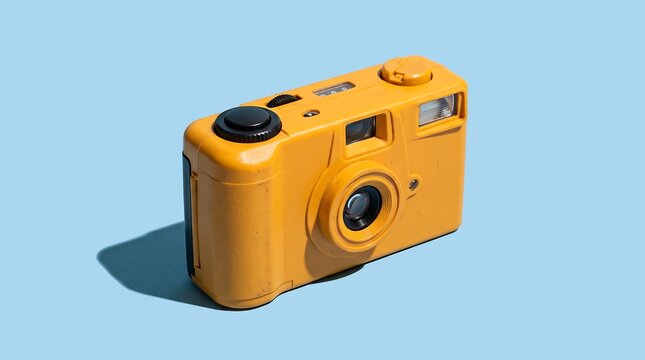 Yellow orange disposable camera positioned at angle on solid light blue contrasting background studio shot
