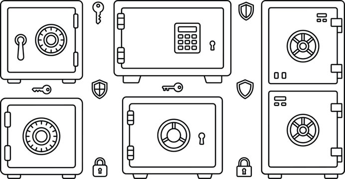 Bank Safe Deposit Box Icon Vector Set with Cyber Security Vault Line Elements
