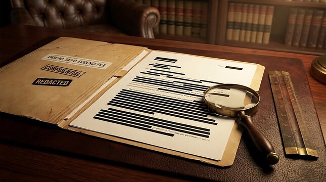 Redacted legal evidence file with magnifying glass on desk