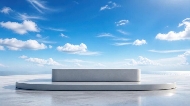 Empty grey podium stage on outdoor terrace with blue sky and ocean view
