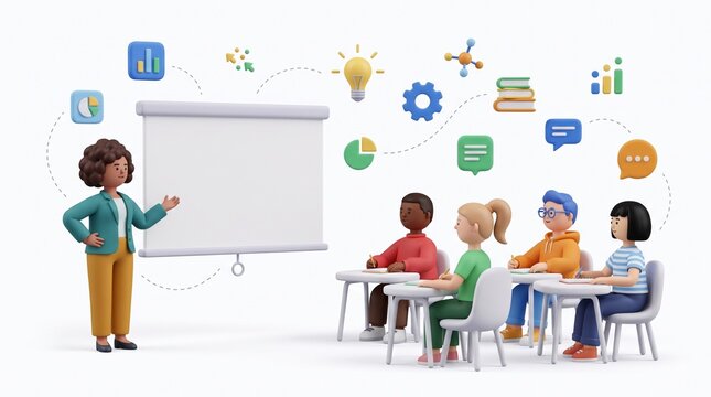 3d cartoon teacher presenting educational concepts to diverse students in a bright modern school classroom with desks floating educational teacher standing