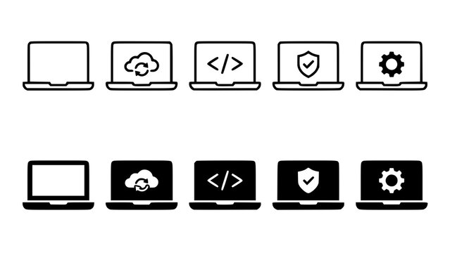 Set of laptop computer icons with various technology and software development symbols in flat style