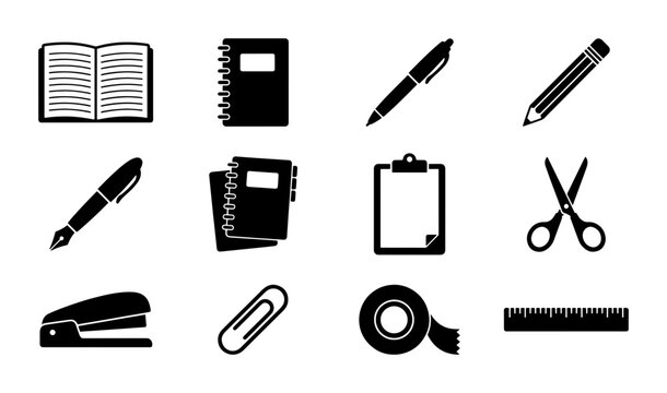 Stationery Icons Set: Open Book, Notebooks, Pens, Pencils, Scissors, Stapler, Paperclip, Tape, Ruler, Clipboard Vector Graphics