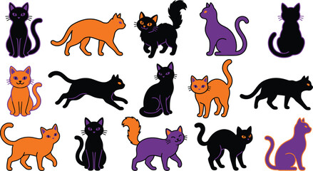 Fototapeta premium Cute cartoon cats in different colors and poses isolated on transparent background, isolated on white background, Vector
