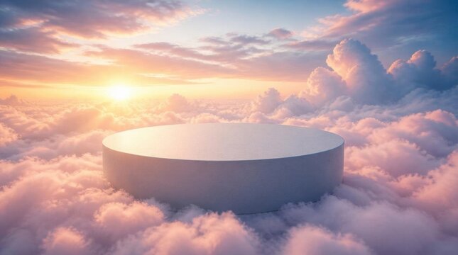 Empty white round podium stage floating above fluffy sunset clouds in the sky