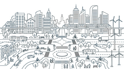 Fototapeta premium Smart city landscape with traffic and green energy line art graphics.