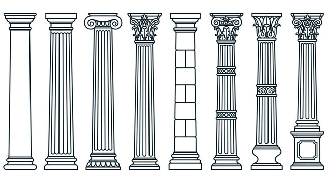 Classical greek and roman architectural columns set vector line art.