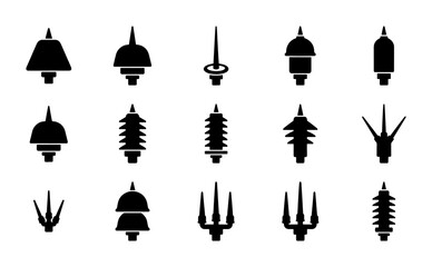 Naklejka premium Electrical Insulators Vector Icons Set, Ceramic and Porcelain Power Line Components, High Voltage Ceramic Bushing Symbols for Energy Industry and Technology Concepts