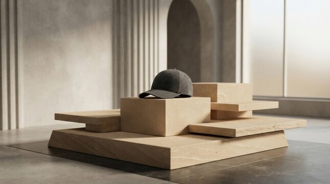 Minimalist display stand with baseball cap in neutral tones